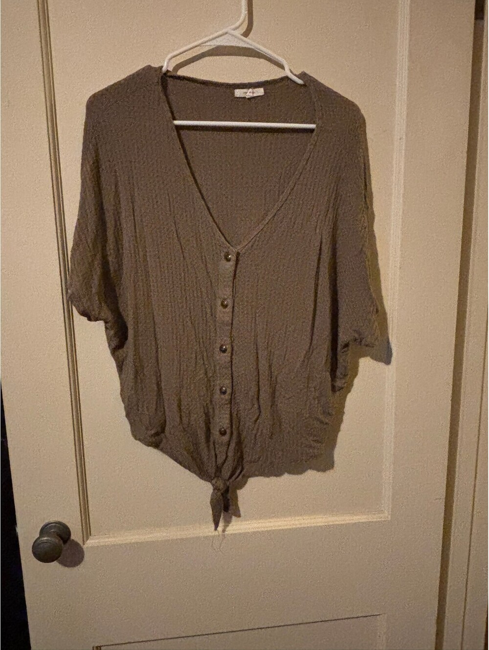 Olive Green button front tie hem top Small